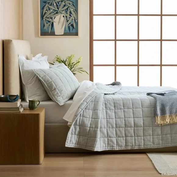 NWT QUINCE Organic Airy Gauze Box Quilt Set King/Cal King Mist 6592 - Picture 4 of 14